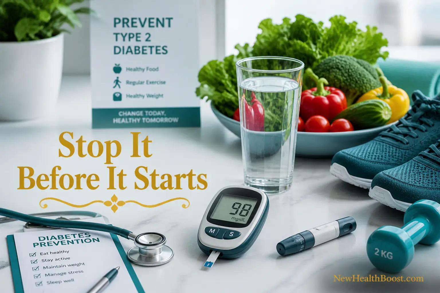 Healthy meal and exercise representing how to prevent type 2 diabetes